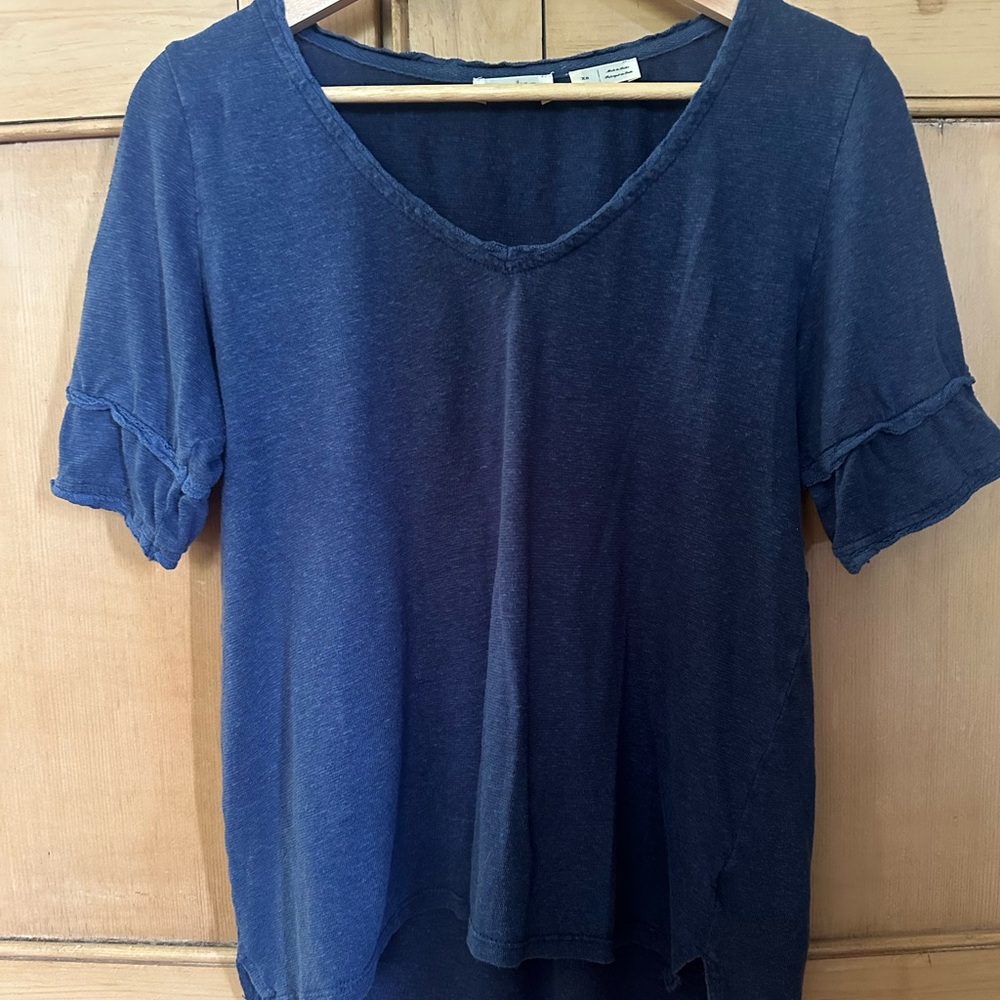 Anthropologie Fitted Ruched Blue Short Sleeve Tee Meadow Rue